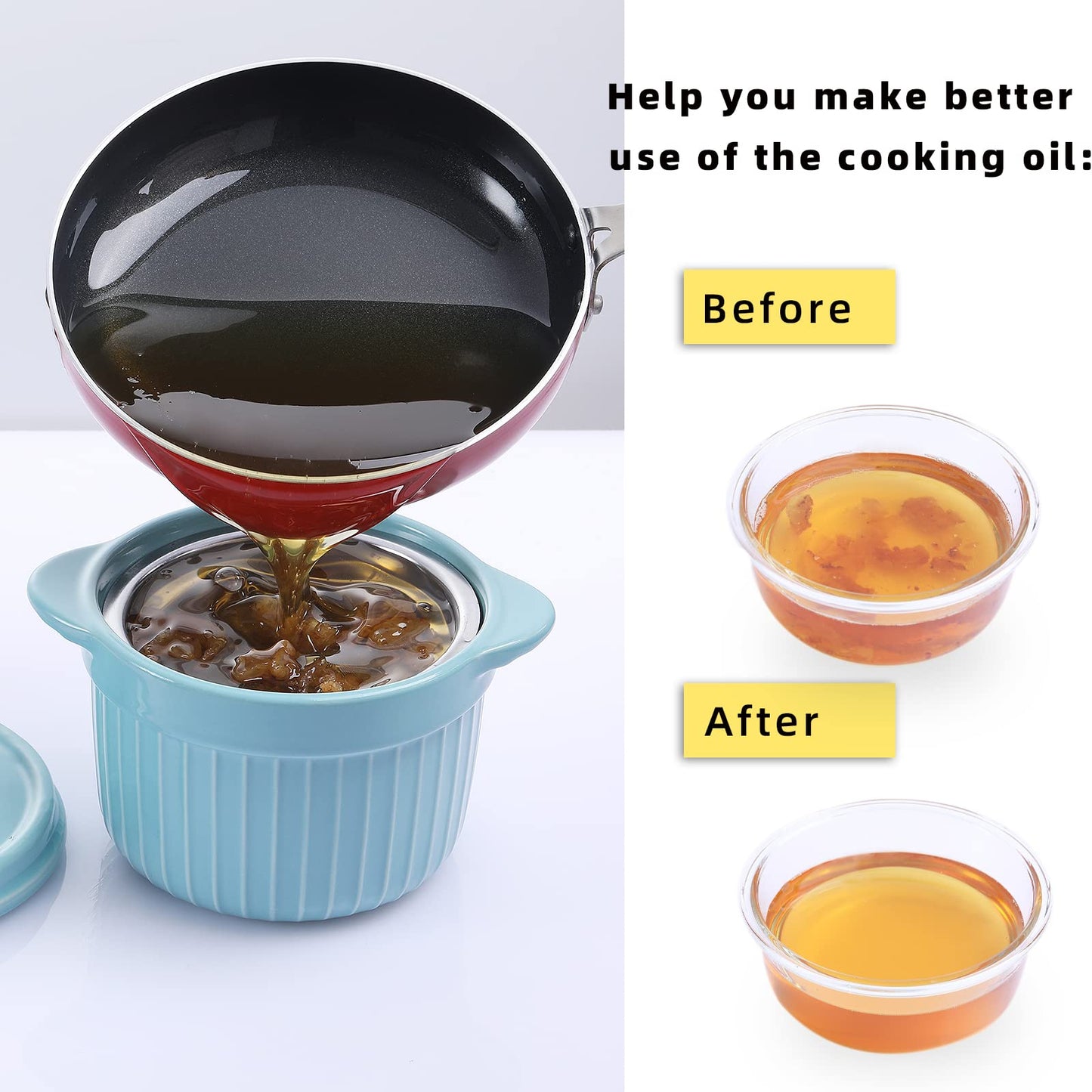 ONTUBE Ceramic Bacon Grease Container Keeper with Strainer, Frying Oil Storage Can 17oz, Turquoise