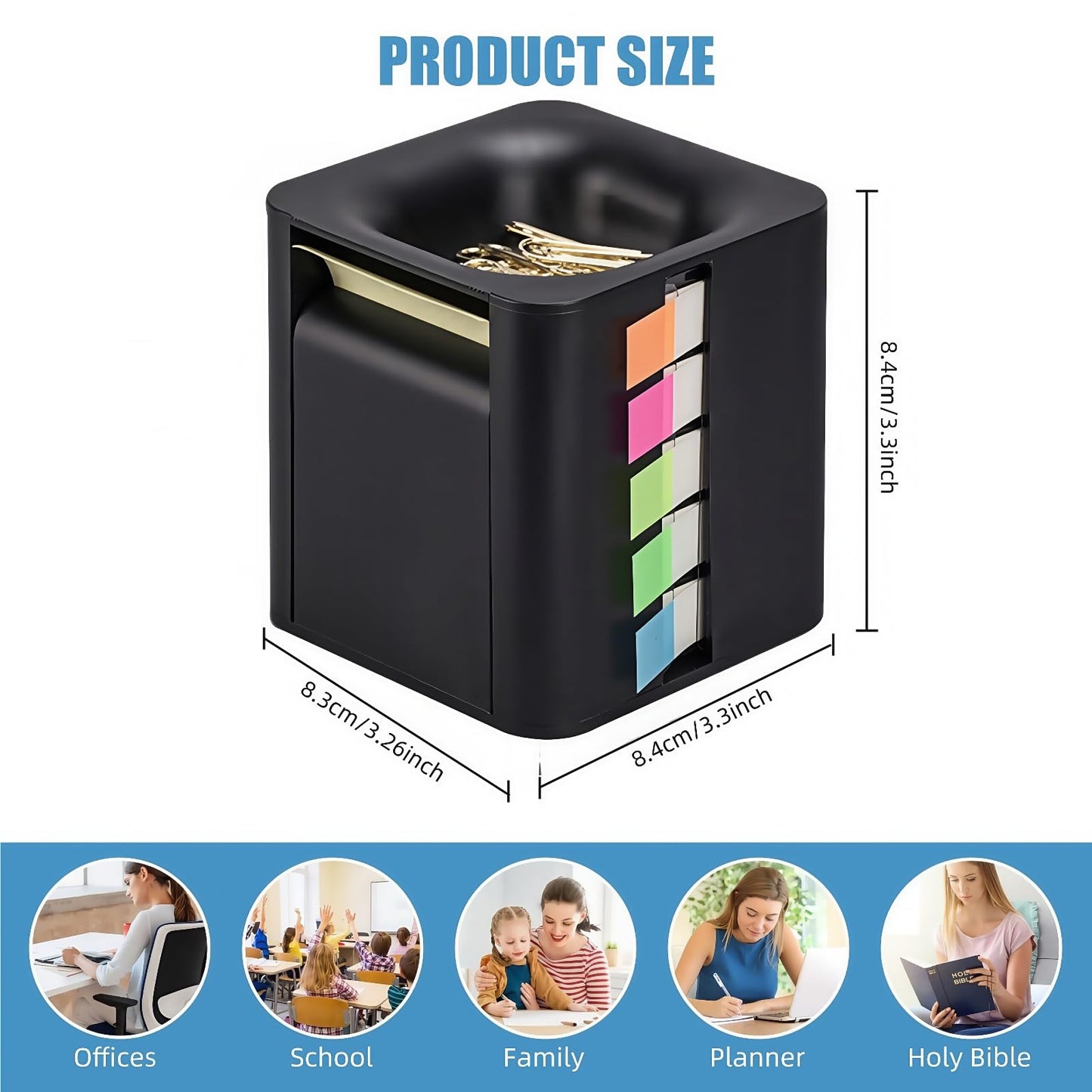 5-in-1 Sticky Note Dispenser and Holder with Pop Up Notes, Transparent Tabs, Magnetic Paper Clip Holder, Roll Sticky Notes - Multifunctional Cube Desk Organizer for Office, School & Home (Black)