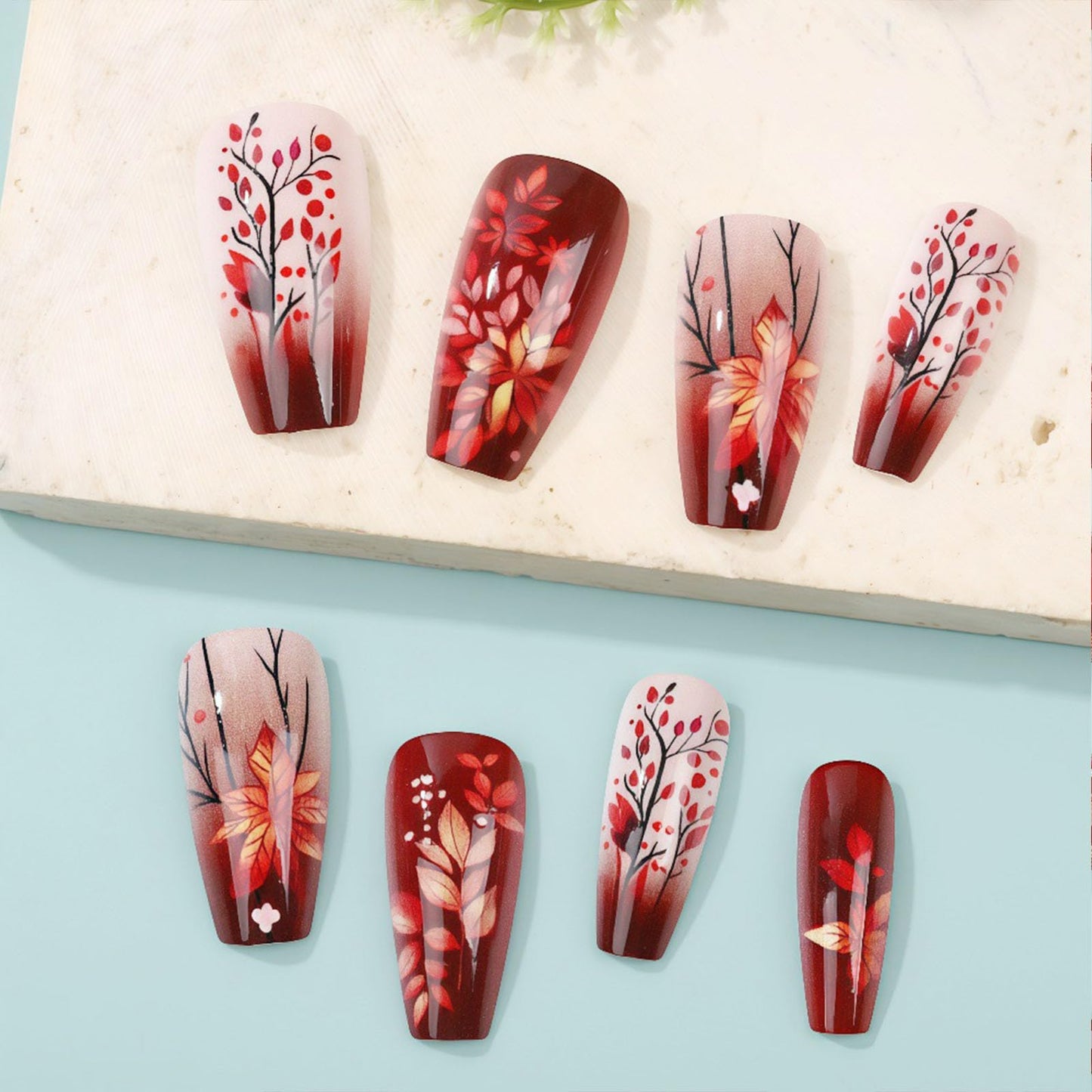 Fall Press on Nails Medium Coffin Fake Nails with Maple Leaves Dot Designs Glossy Nails Press ons Brown Gradient Glue on Nails Autumn Acrylic Artificial Stick on Nails for Women 24Pcs