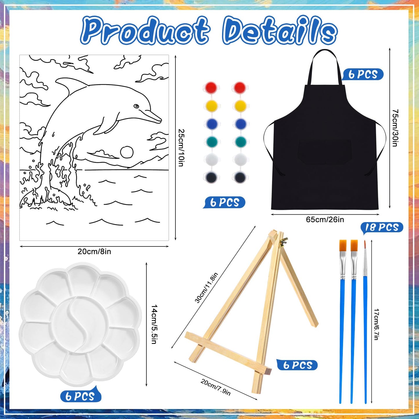 Motipuns 6 Set Pre Drawn Canvas for Painting for Adults Sip and Paint Kit with Easels 8 x 10 Inches Paint Party Kit with Printed Canvas Paints Brushes Palette Apron(Sunset Dolphin)