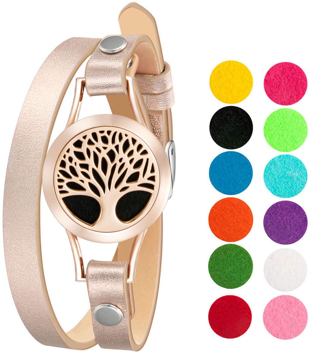 Wild Essentials Rose Gold Tree Essential Oil Bracelet Diffuser, Leather Wrap Band, Stainless Steel Locket Pendant, 12 Color Refill Pads, Customizable Color Changing Perfume Jewelry for Aromatherapy