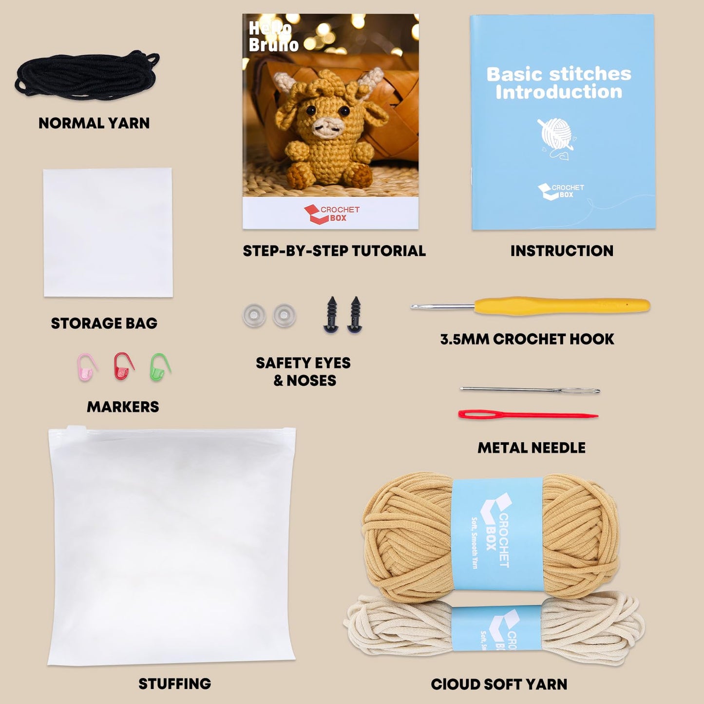 CrochetBox Crochet Kit for Beginners, Highland Cow Easy Animals Starter Set for Adults and Teen (), Knitting Kit with Yarn, Hook, Video Tutorial(30%+ Yarn)