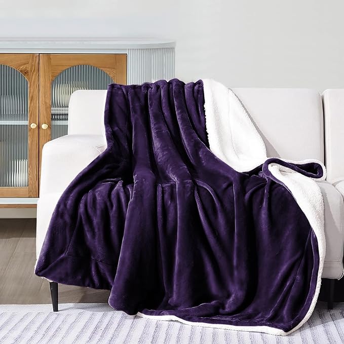 IR Imperial Rooms Sherpa Blankets Queen Size - Thick and Warm Blankets for Winter, Reversible Soft and Fuzzy Fluffy Queen Size Blanket for Bed, Purple, 90x90 Inches
