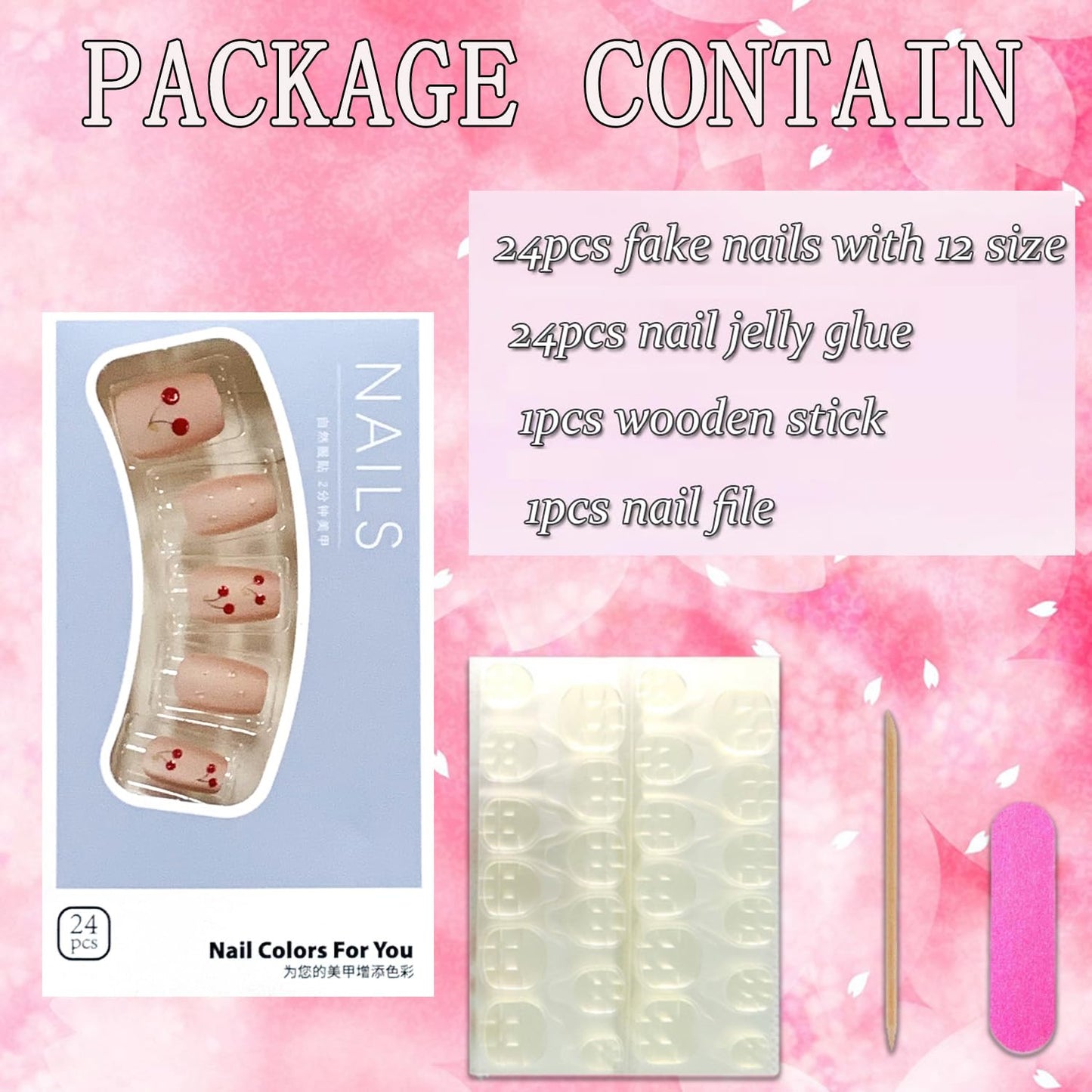Press On Glossy Full Cover Acrylic Short Length Square False Nails with Cherry Designs Artificial Square Shaped Fake Nails with Charms Glue ons Fingernails for Women Girls