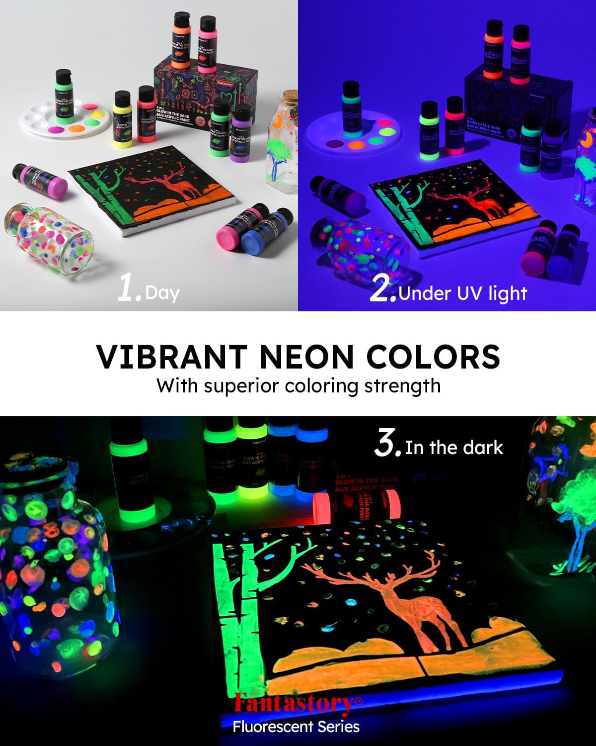 Fantastory Fluorescent Glow in the Dark Paint,60ml /2oz,Neon Colors Glow Acrylic Paints; Waterproof Blacklight Paint for Outdoor Rock,Wood,DIY Craft,Canva,Pumpkin,Halloween,Holiday Decor