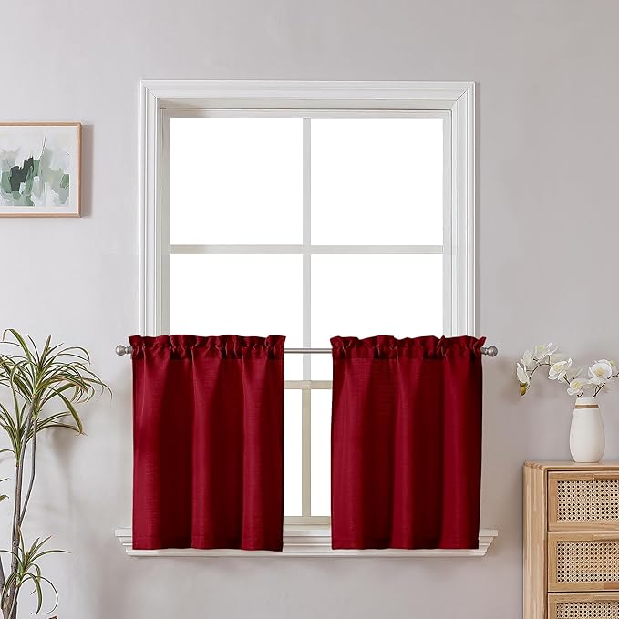 Chyhomenyc Christmas Red Curtains 24 Inch Length, Faux Linen Textured Small Cafe Curtain Tiers, Light Filtering Short Camper Curtain for RV Window Bathroom, 30x24 Inch, 2PCS
