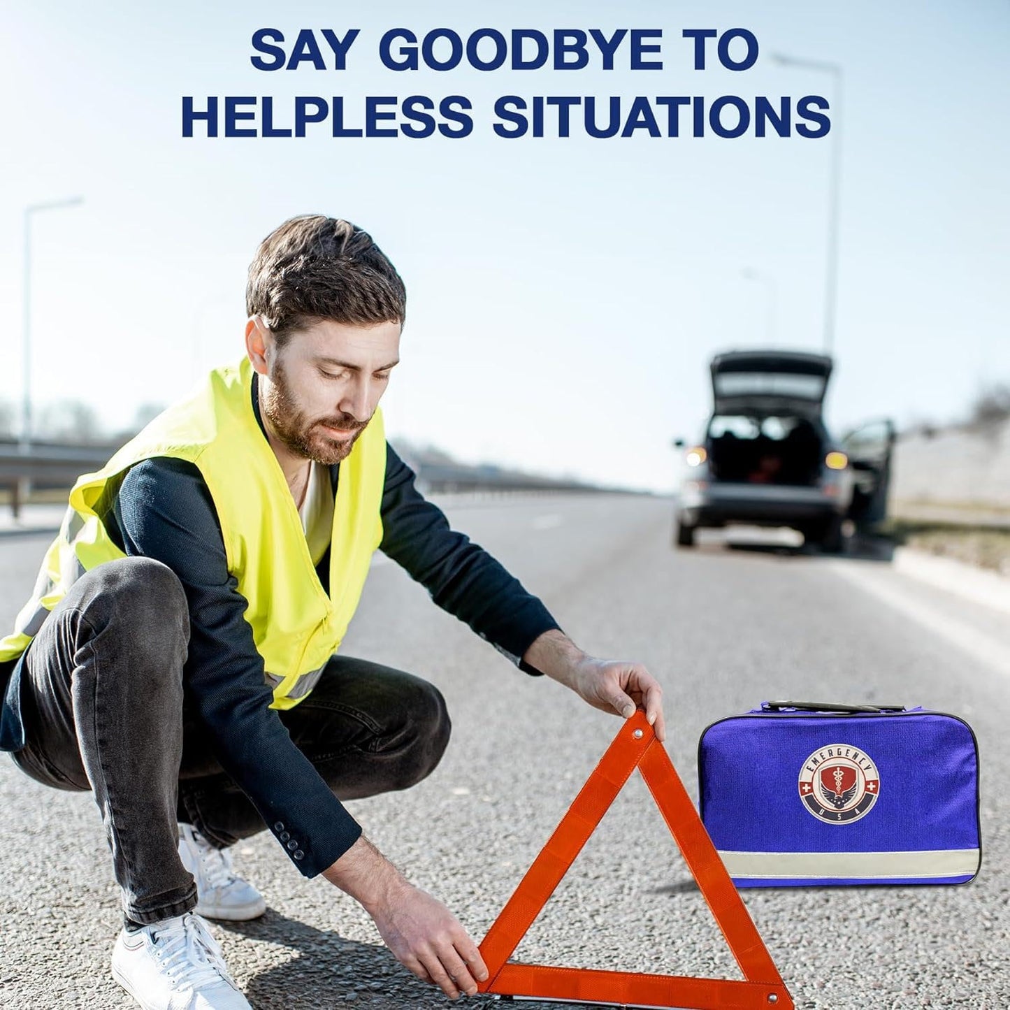 Roadside Car Emergency Kit - First Aid Set, Jumper Cables, Tow Strap, LED Flash Light, Rain Coat, Tire Pressure Gauge, Safety Vest and More (Blue)