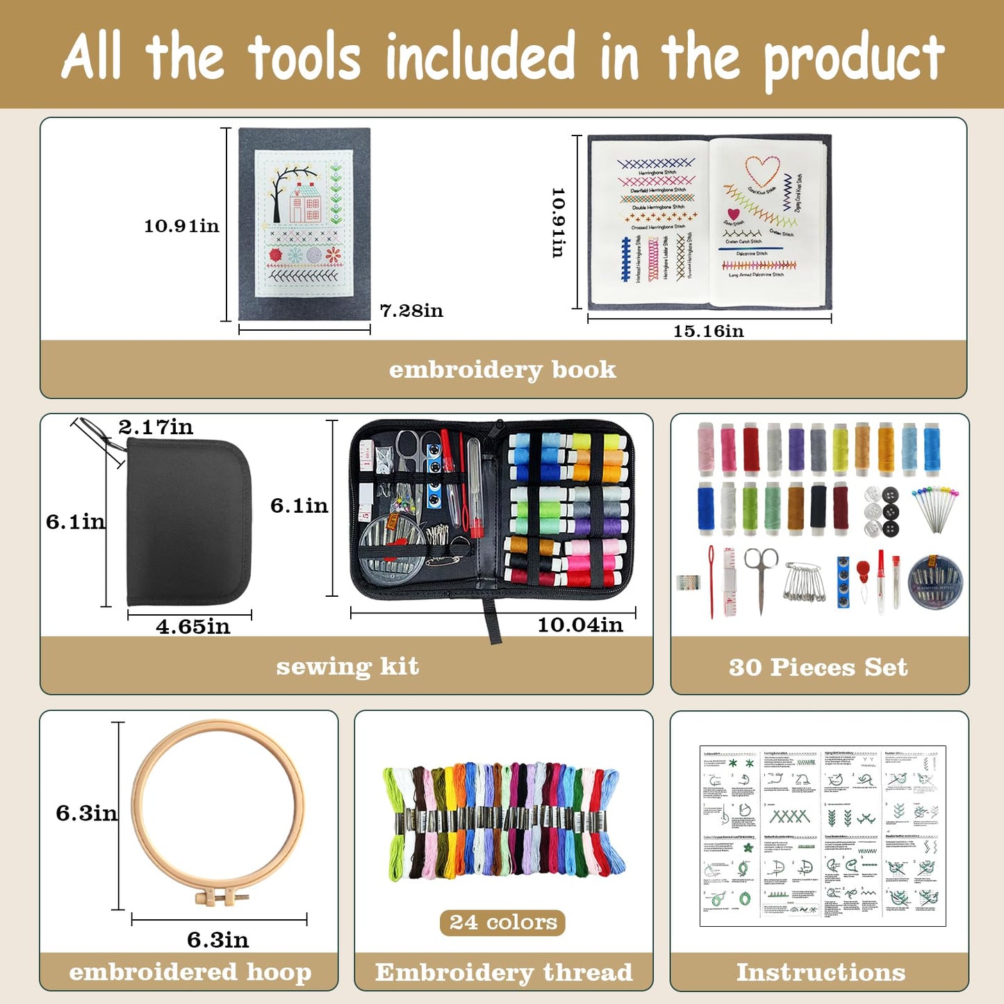 Embroidery Stitch Book Kit for Adults & DIY Craft Enthusiasts, Portable Embroidery Kit for Beginners, Includes Guide to 106 Patterns with Tools & Tutorials and 86-Piece Sewing Tool Set (1 Kit)