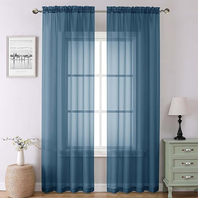 Lecloud Dusty Blue Sheer Curtains 90 Inches Long 2 Panels, Light Filtering Breathable Curtain, Gauzy Stylish Home Decor Drapes with Dual Rod Pocket for Dining Room Bedroom, Each 42" W x 90" L