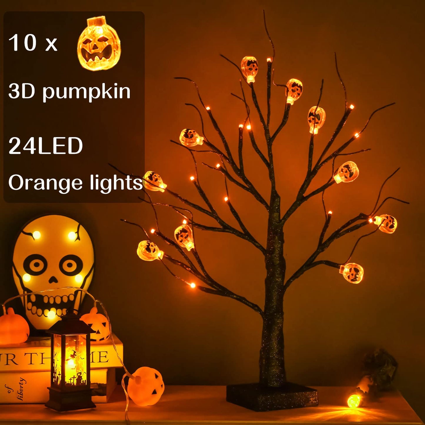 ZHOUDUIDUI 2Pack Halloween Tree, Black Spooky Tree with 24LED Orange Lights and 10 Pumpkin Ornaments Battery Powered 18IN Lighted Halloween Bonsai Tree for Indoor Tabletop Halloween Party Decoration