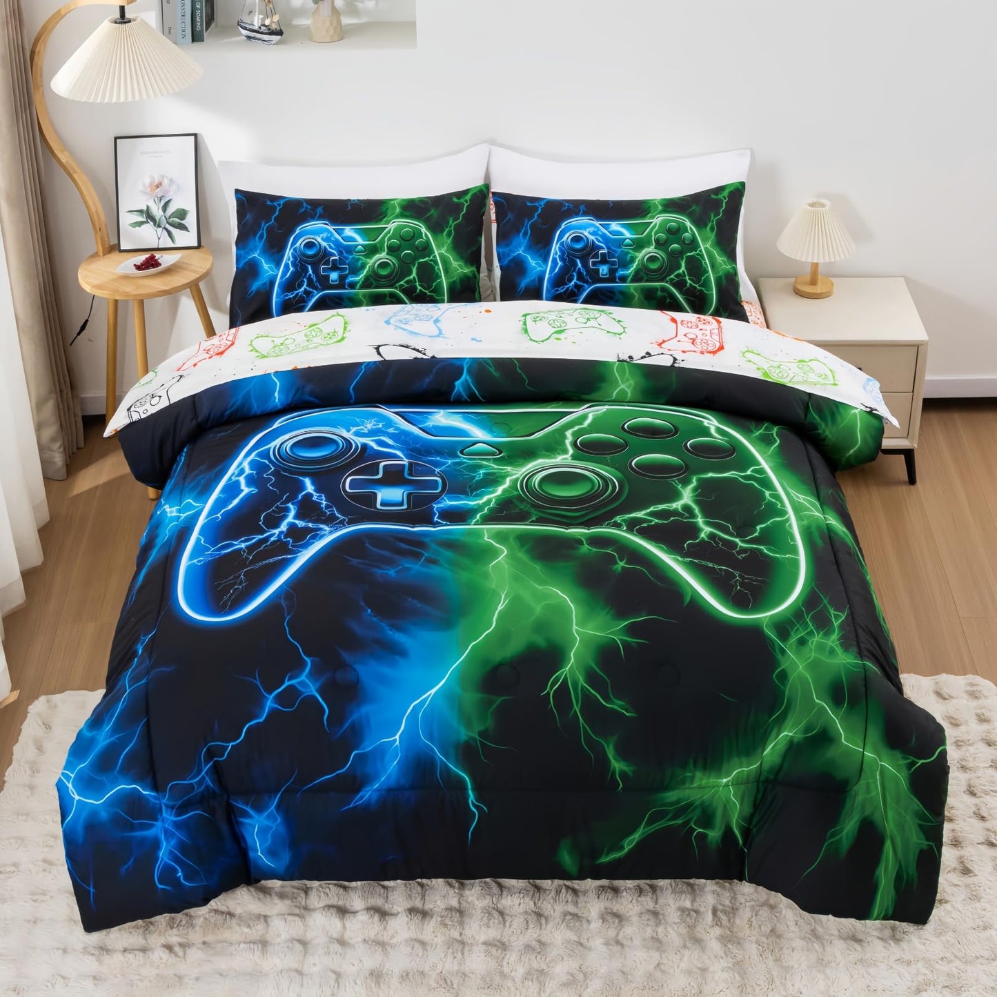Meeting Story Gaming Bedding Set Twin, 3D Game Controller Design Twin Comforter, Gamer Themed Bedding Set for Boys, Suitable for All Seasons(Bluegreen)
