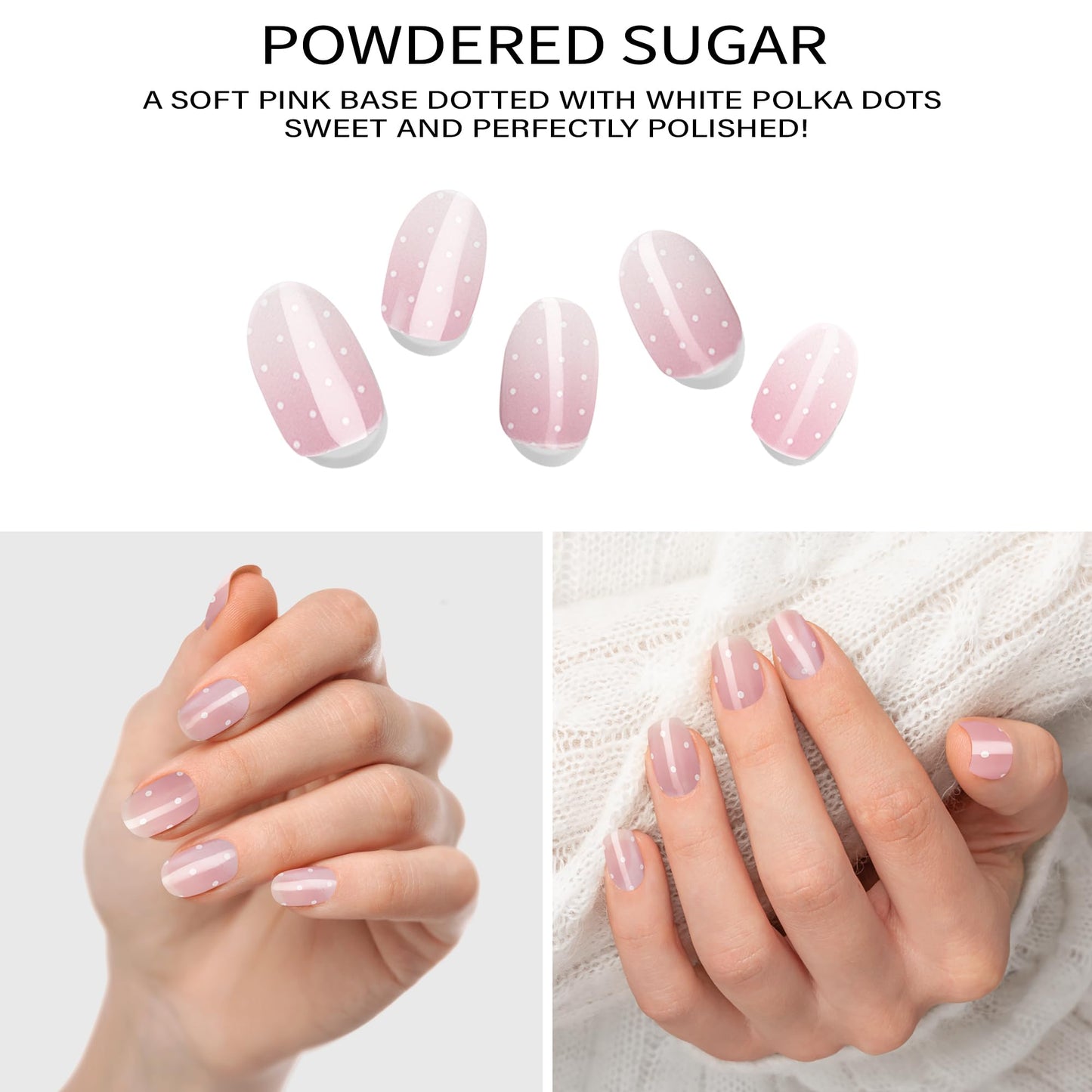 Adora Couture Semi-Cured Gel Nail Strips - 20 Salon-Quality Gel Sticker with UV Light Required, Long Lasting, Easy Application & Removal, Includes Prep Pad, Nail File, Wooden Stick – Powdered Sugar