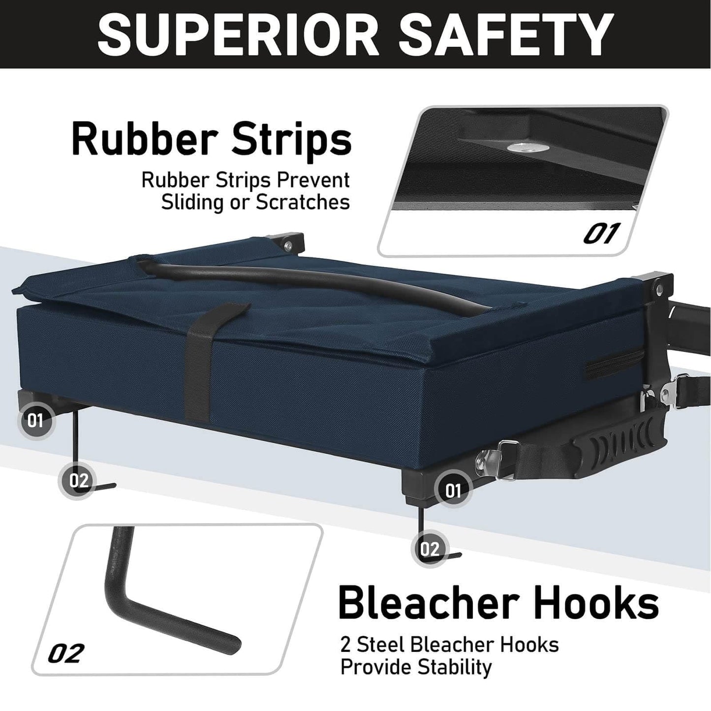 Sheenive Stadium Seats for Bleachers with Back Support, Bleacher Seats with Backs and Cushion Wide, Padded Portable Folding Comfort Stadium Chair with Shoulder Strap,Perfect for Sport Events Navy Blue