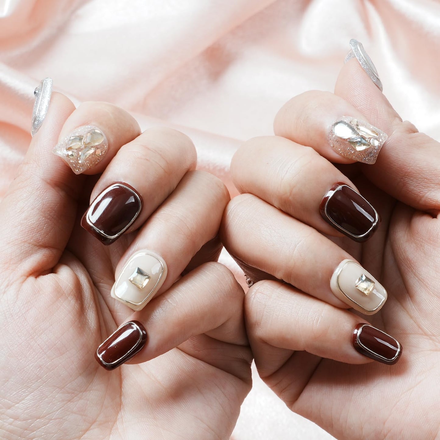 Tesytto Handmade 3D Press On Nails Short Coffin,New Year Valentine False Nails Burgundy Silver Glitter with Geometric Line Art & Hand-Set Rhinestones - 10Pcs Luxury Design (Fiery Red Lips,S)