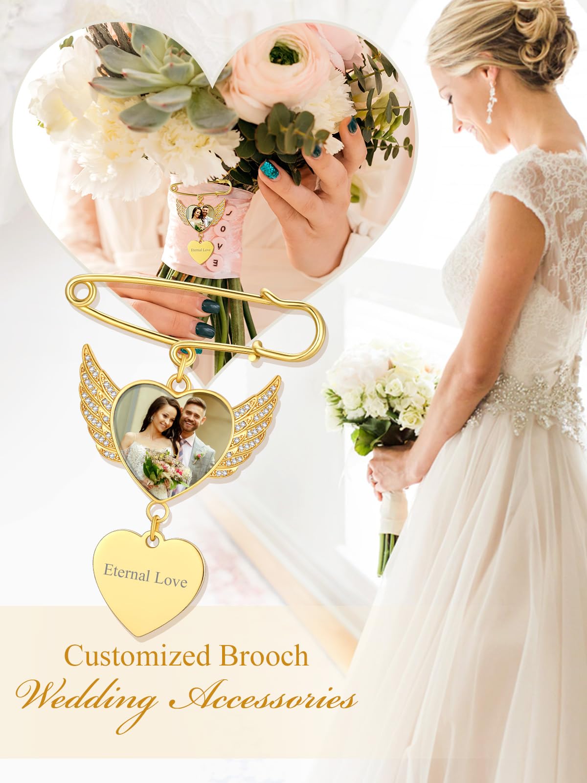 Custom4U Pictures Personalized Angel Wings Brooch with Cubic Zircons for Weddings Funeral Ceremonies