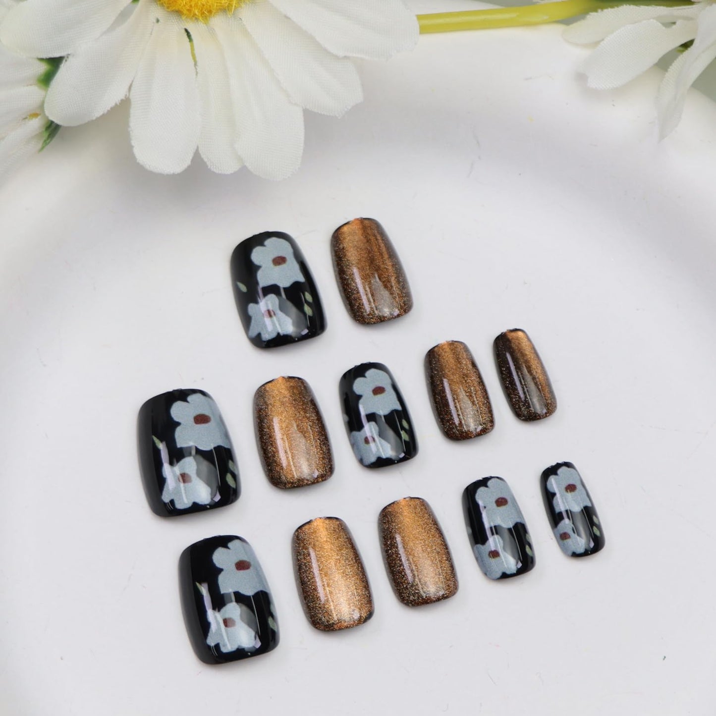 Coffin Press on Nails Short Fake Nails Brown Black Nails Press ons with Glod Glitter White Flower Deign Glossy Short Coffin Acrylic Artificial Stick on Nail for Women 24Pcs
