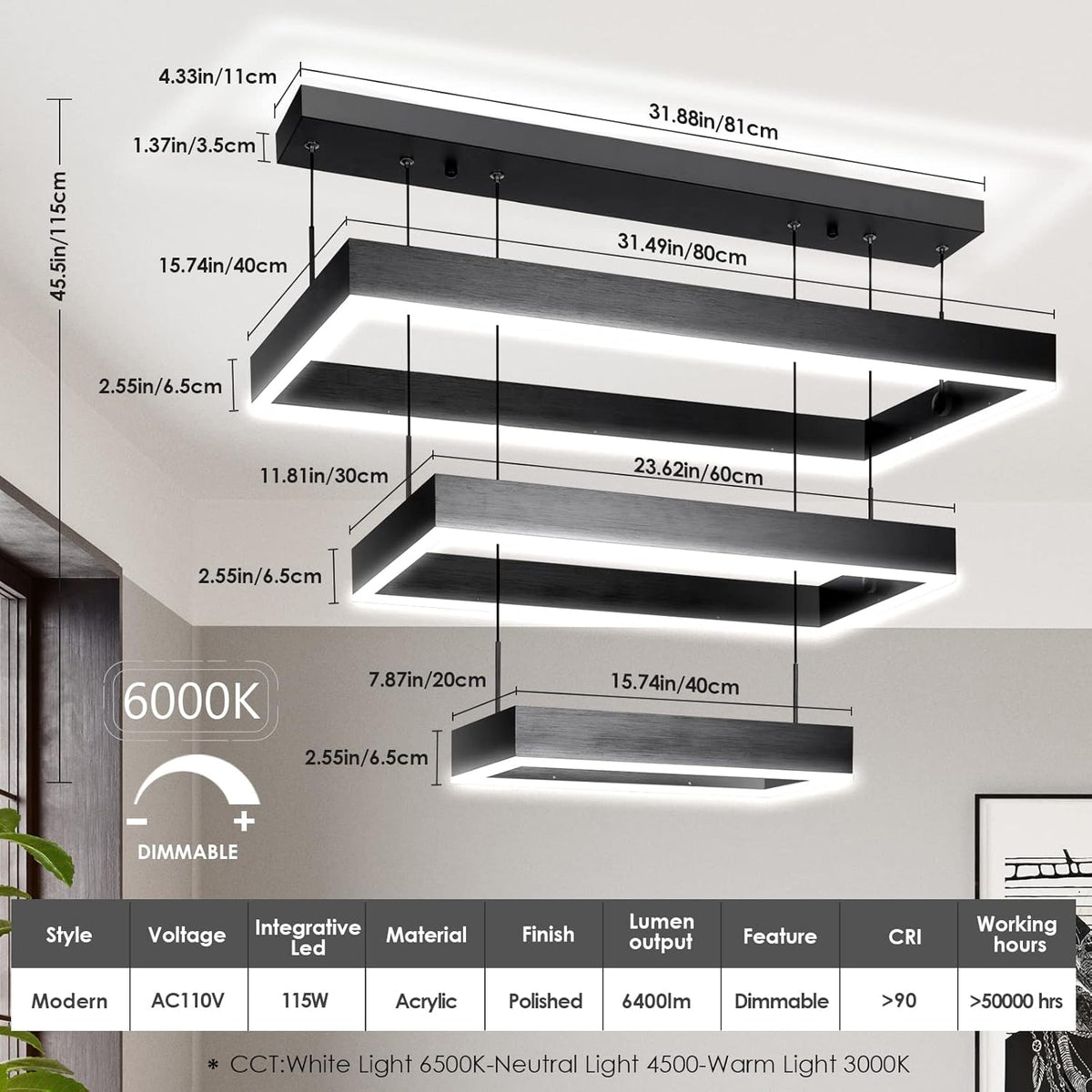 Modern 3 Rings Rectangle Chandelier for Living Room - Adjustable Height Luxury Foyer Lighting Fixture for High Ceiling, Hanging Dining Room LED Pendant Light