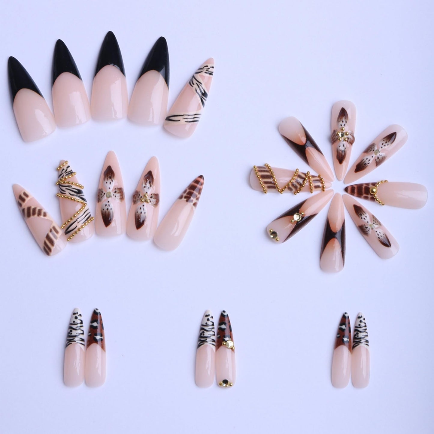Almond Press on Nails Long Brown Flowers Stick on Nail for Women 24pcs