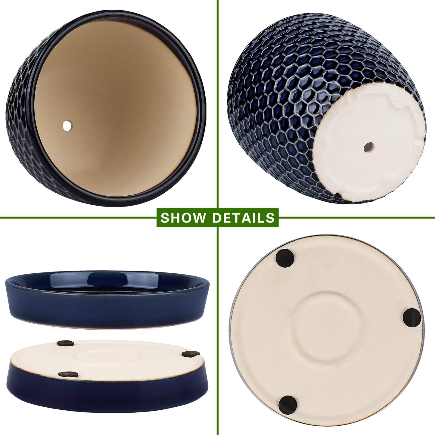Docrin Blue Honeycomb Ceramic Plant Pot Set - 6.6"+5.5" Inch, Modern Decorative Planters with Drainage Holes & Saucers for Indoor/Outdoor Home Office