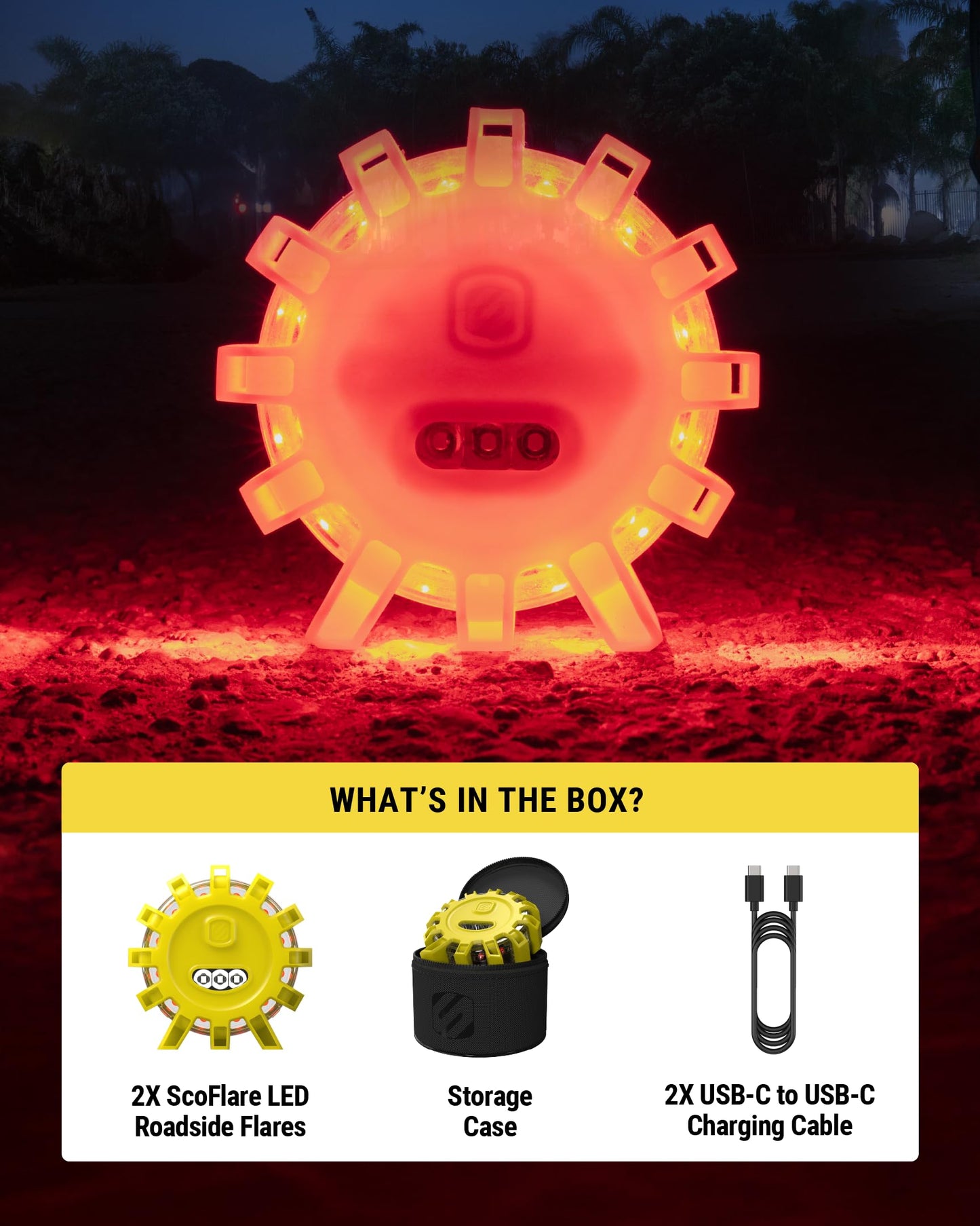 Scosche ScoFlare LED Road Flares, Emergency Roadside Kit for Car with 2 Emergency Lights Equipped with 6 Flashing Safety Modes, Flashlight, Rechargeable Battery, Magnetic Base and Hanging Hook, 2 Pack