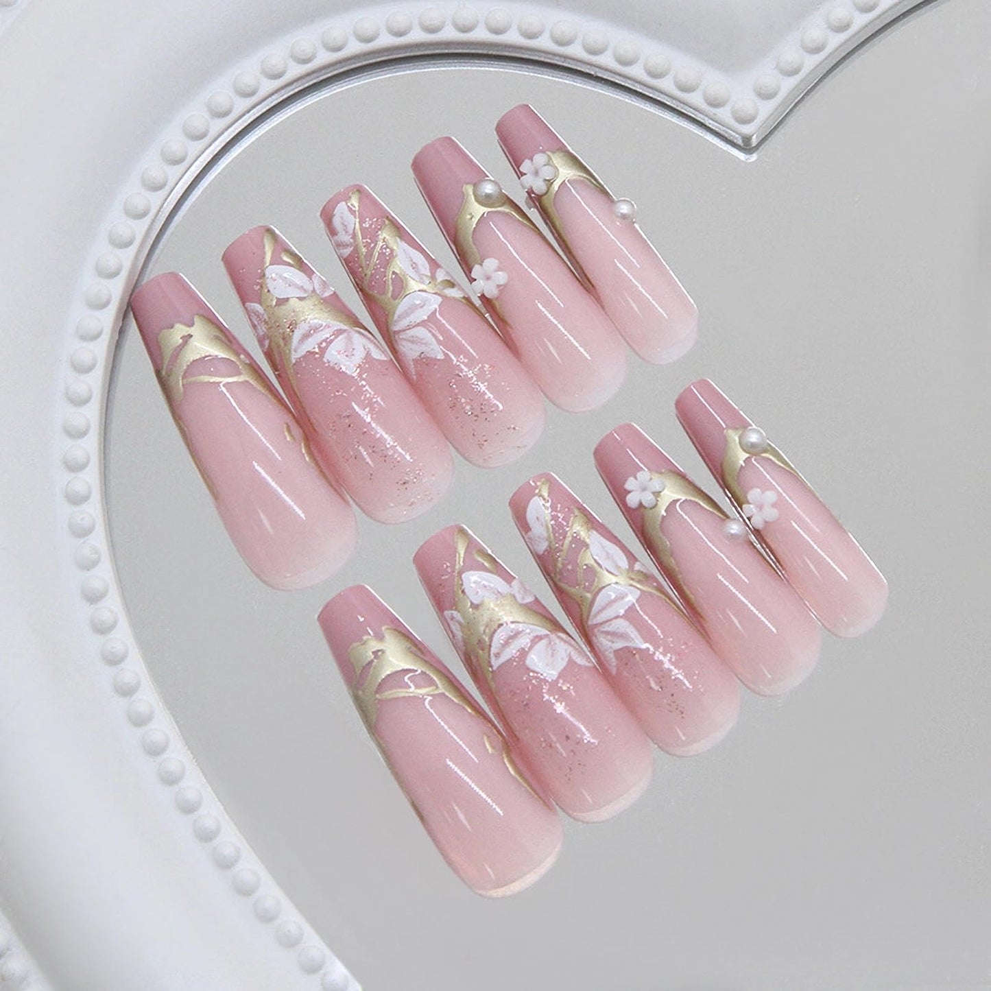 MISUD Press on Nails - Long Coffin Fake Nails with Pink Flower, Acrylic Gold Chrome Design 24 pcs