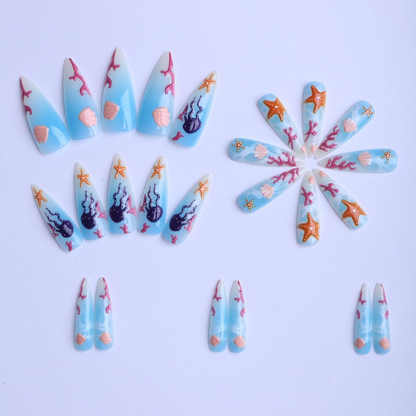 Long Press on Nails Almond Fake Nails Blue Artificial Nail Seeneey Summer Beach Stick on Nail for Women 24pcs