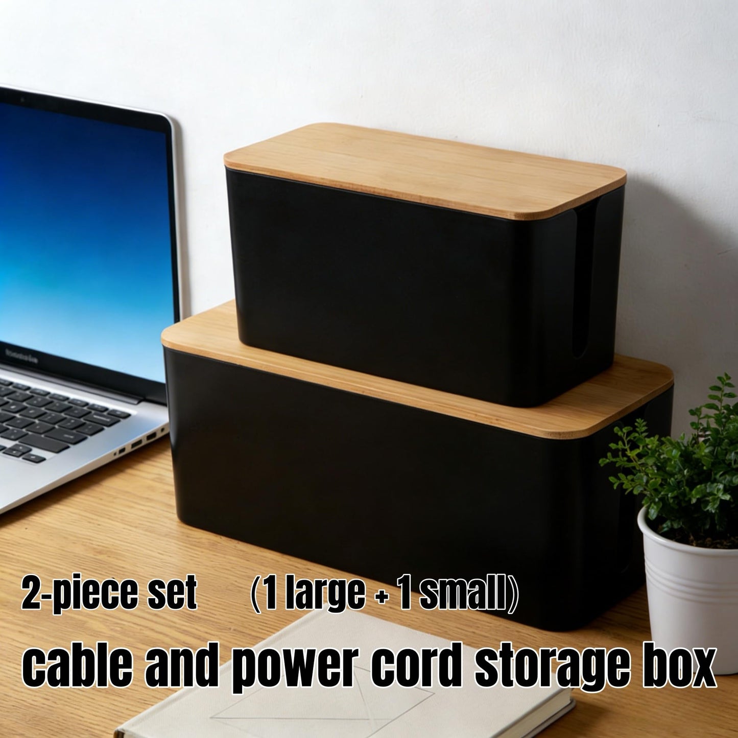 1 Large + 1 Small Cable Management Box Set – 2-Piece Cord Organizer Box, Home Office Desk Wire Storage & Cable Management Solution (Bamboo Lid/Black)