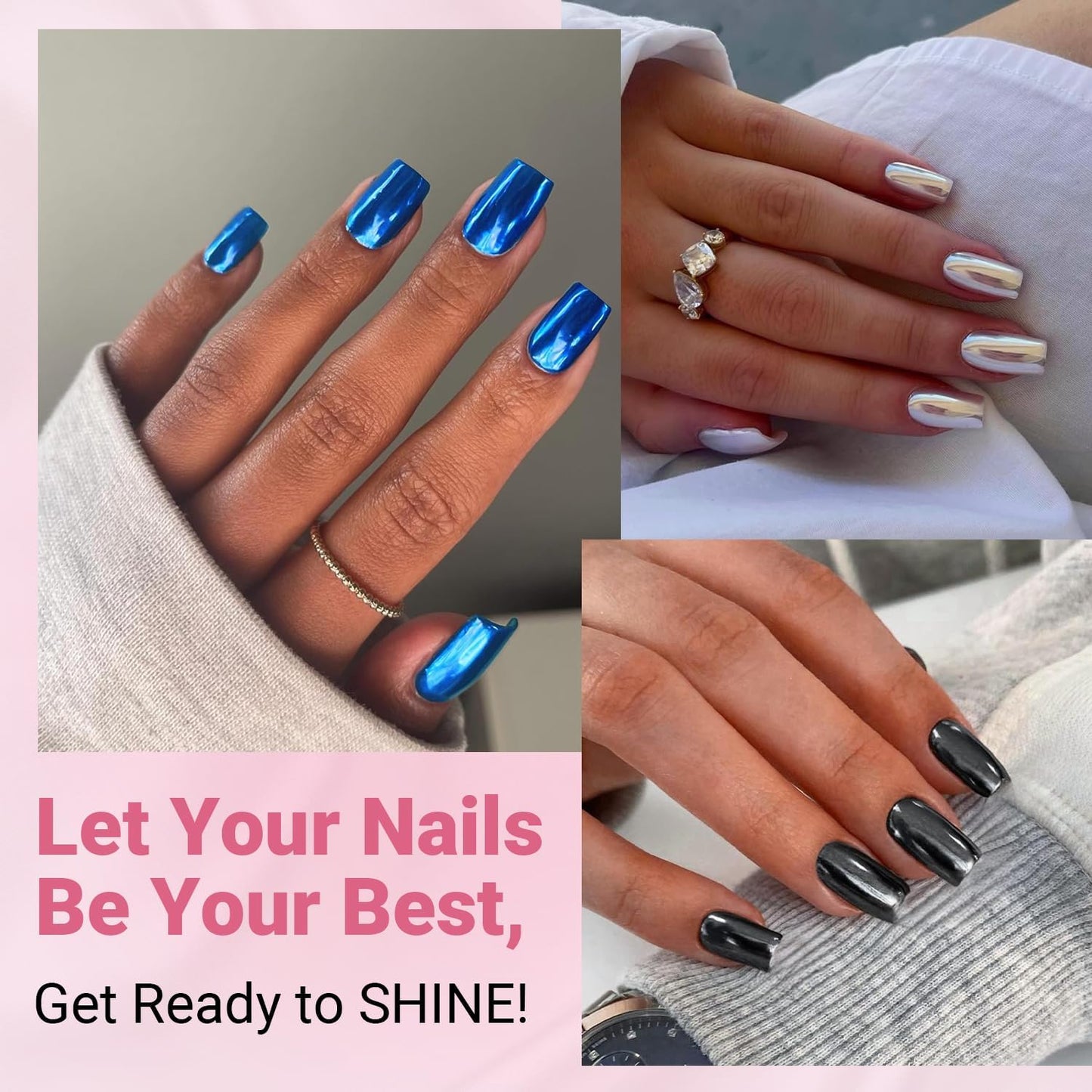 6 Packs Chrome Press On Nails Short Medium, KQueenest Acrylic Press On Nails Square, Short Fake Nails Press Ons, Metallic Glitter Glue on Nails Stick On Nails for Women Birthday Party Gift in 144 Pcs