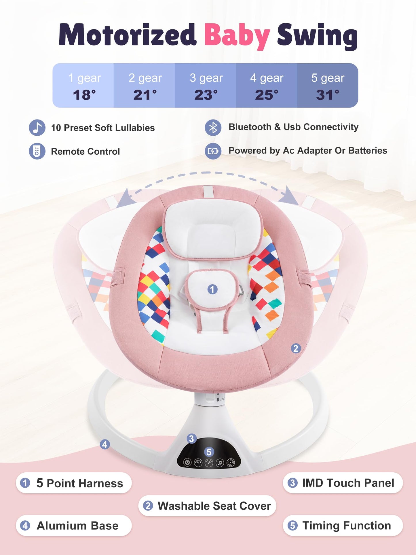 FDTQP Baby Swing for Infants - Electric Portable Bluetooth Baby Rocker with 5 Speeds, 5-Point Harness, Remote Control, Timing & Music Speaker Max 20 Lbs (Pink)