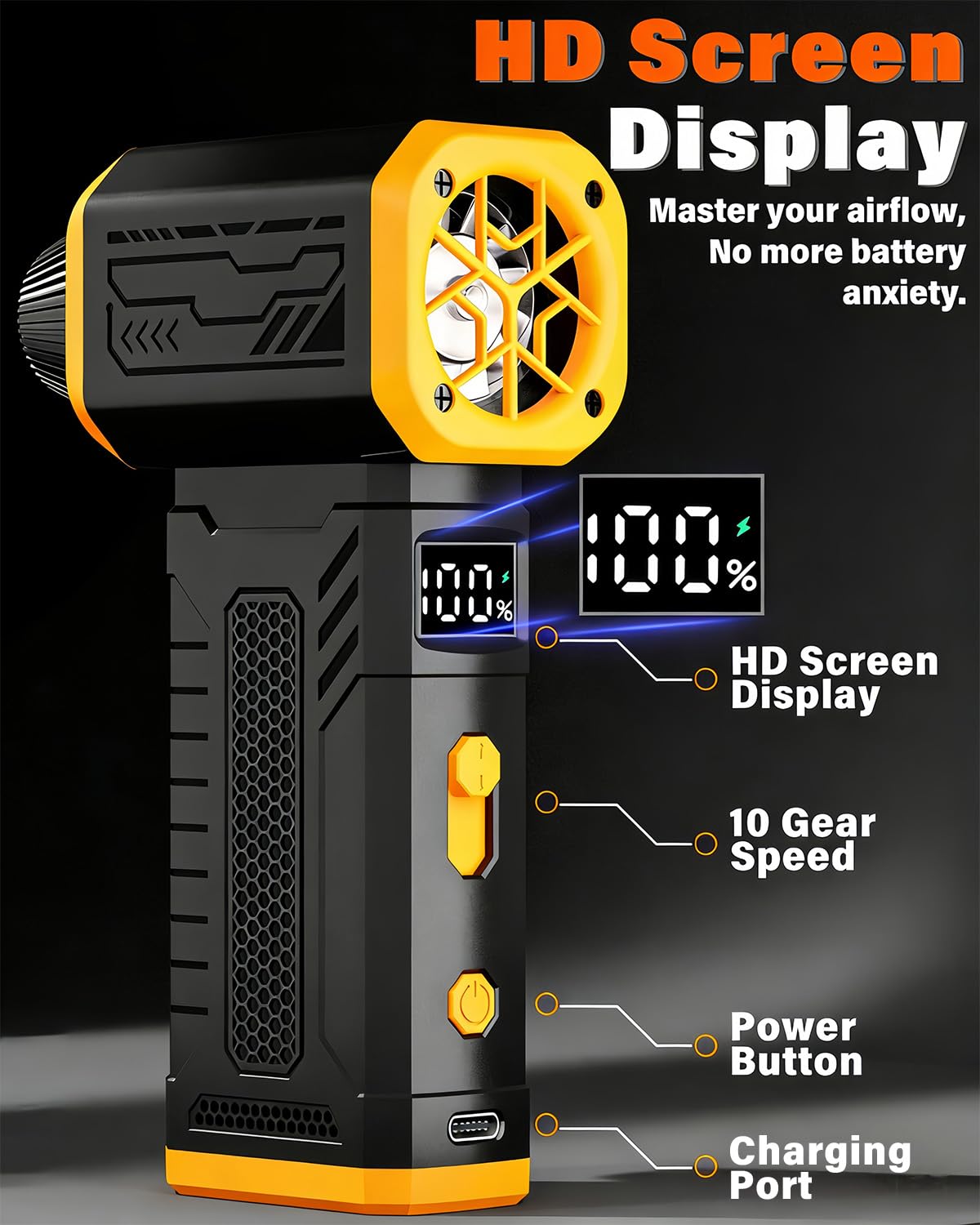 Compressed Air Duster, 130K RPM Powerful Cordless Electric Mini Blower with Display, 10-Gear Adjustable Jet Fan with Fast Charging, Rechargeable Dust Blower for Home, Outdoor and Car (Black, Blow)