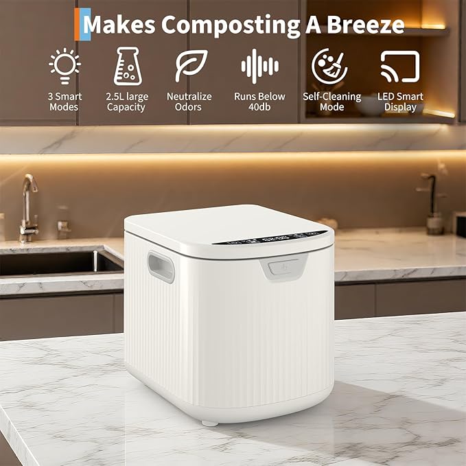2.5L Electric Composter Countertop, 3 Modes Kitchen Smart Compost Bin with Auto Cleaning, LED Display, Turns Kitchen Waste into Dry Manure, Low Noise Food Waste Compost Machine