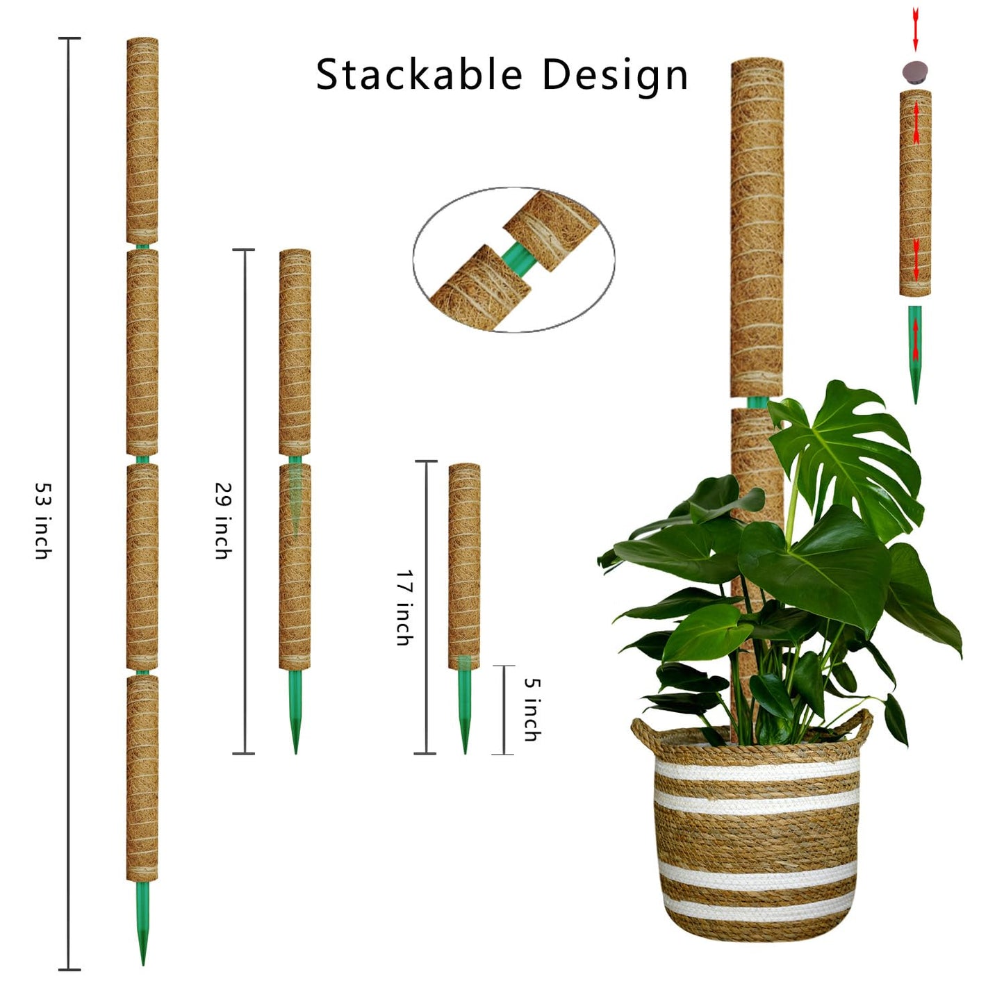 AHQDPFMY Moss Pole, 53.5 Inch Monstera Plant Support, Moss Sticks for Indoor Plants Climbing Coco Coir Pole, 4 Pack 17 Inch Stackable Moss Pole for Plants