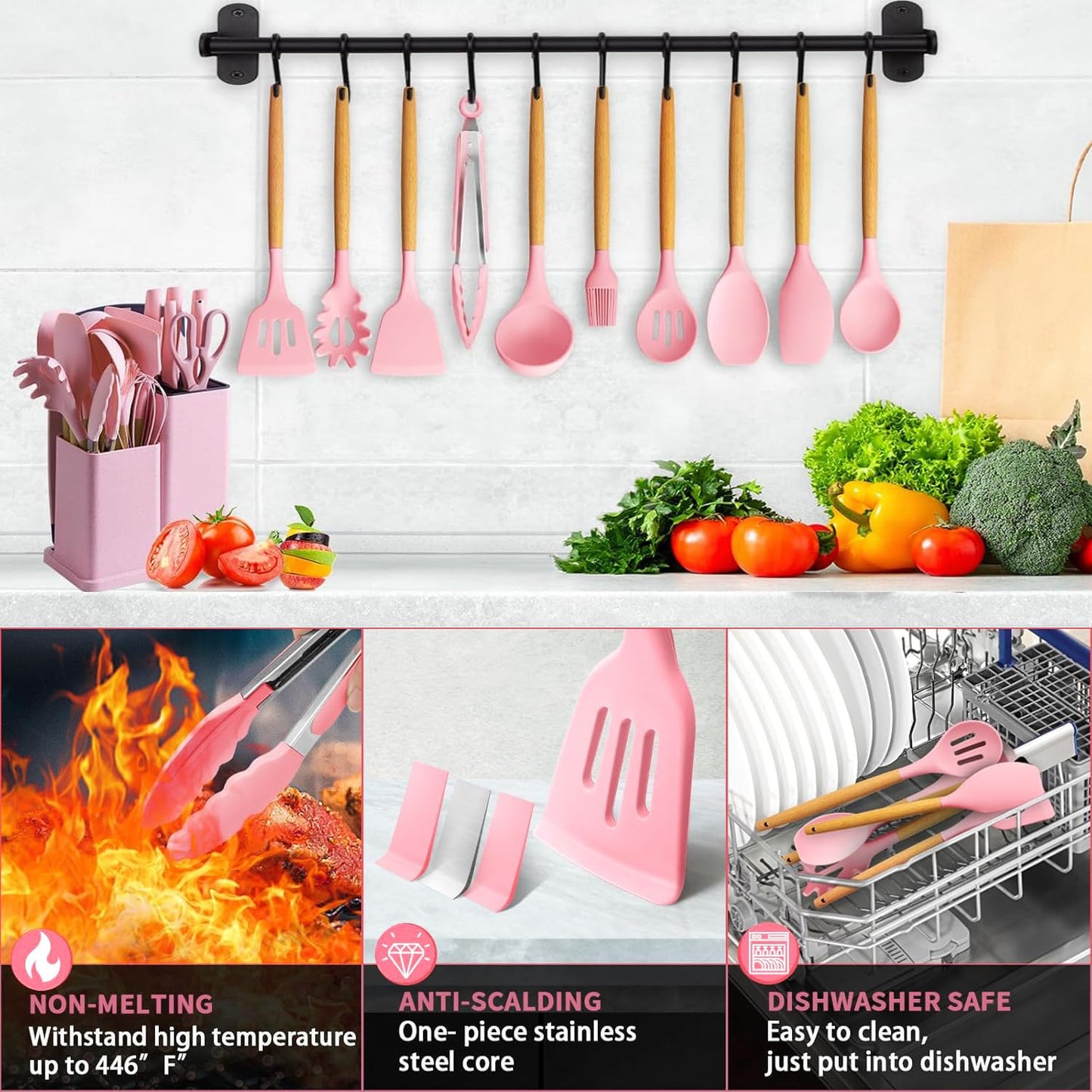 19 PCS Pink Silicone Cooking Utensils Set with Wooden Handle & Knife Set Block, Heat-Resistant Spatula, Spoon, Ladle, Whisk with Holder – BPA Free, Silicone Kitchen Utensil Set for Cooking & Baking