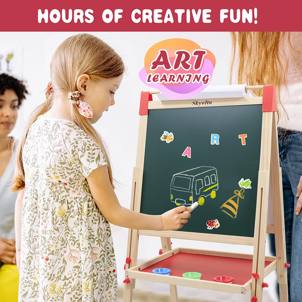 Skyelta Art Easel for Kid,Double-Sided Kids Art Easel with Magnetic Chalkboard & Whiteboard,Adjustable Height for Ages 4-12,Wooden Drawing Board with 100+ Accessories,Art Supplies & Gift