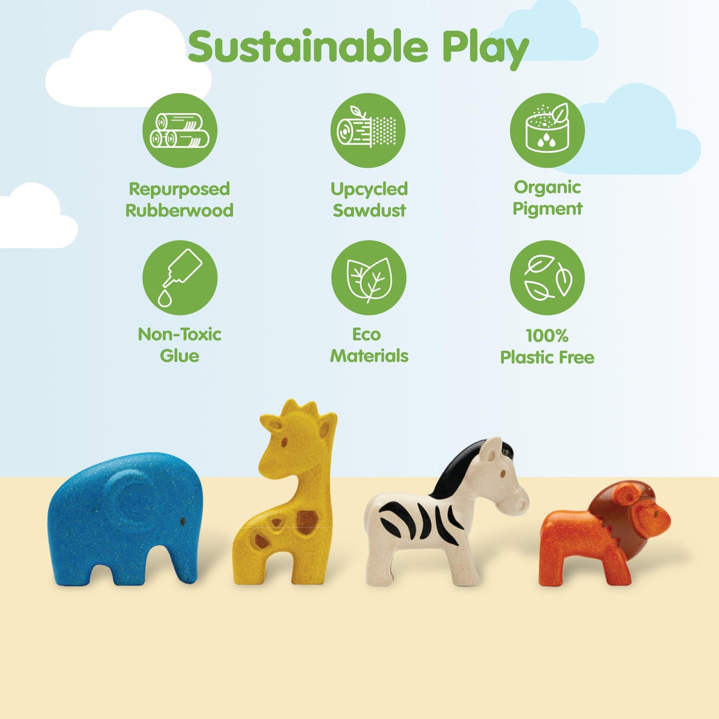 PlanToys® Wild Animals Set Wooden Montessori Imaginative and Creative Play Toy | Language, Social Development and Coordination Activity | Eco Friendly Safari Animal Figurine Set