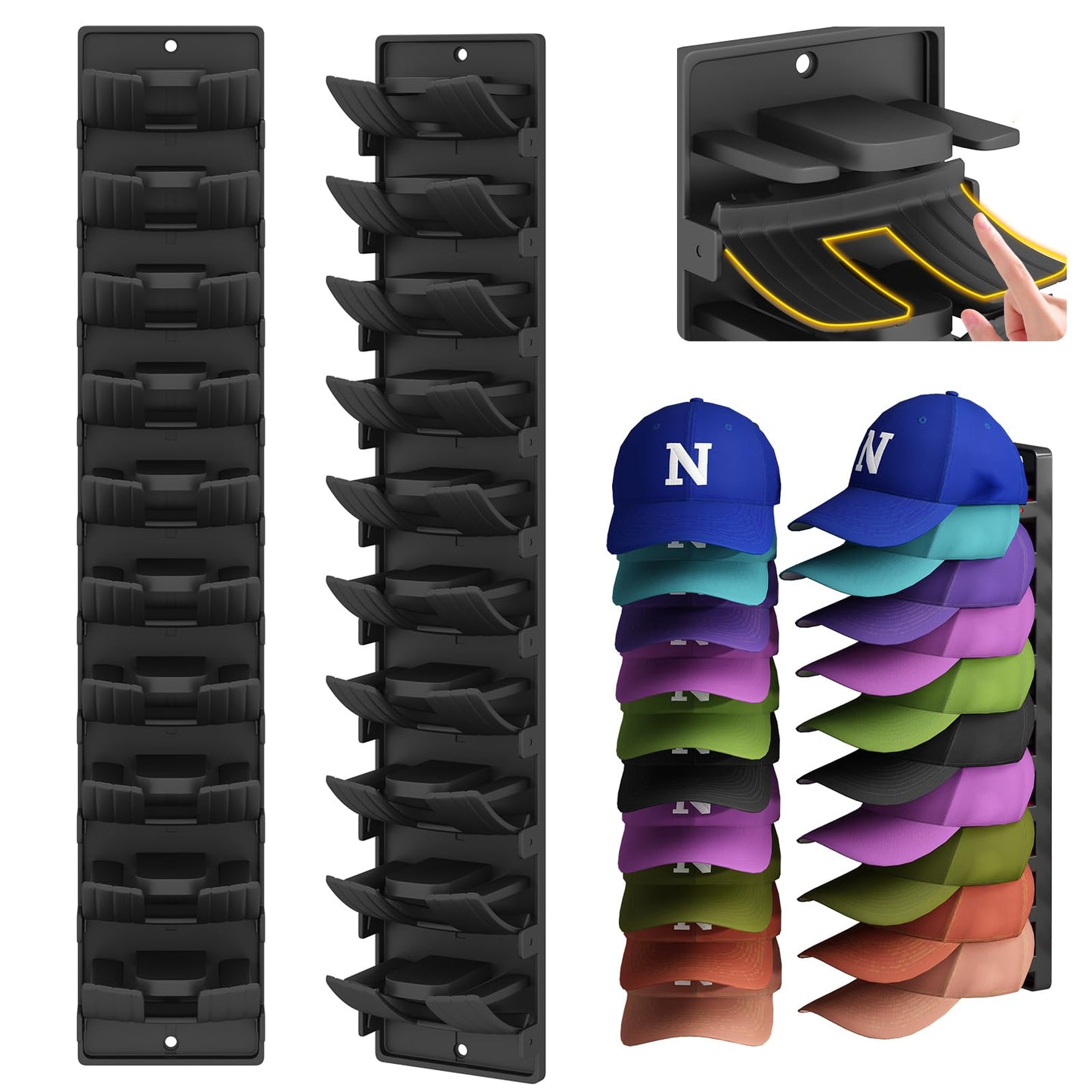 Dazioter Hat Organizer for Baseball Caps, 2 Pack Wall Mount Hat Rack with Spring Clips, Holds 20 Caps, Black Hat Holder for Closet Door