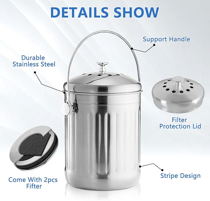 ENLOY Compost Bin for Kitchen Countertop, 1.3 Gallon Stainless Steel Indoor Compost Bucket for Kitchen Countertop Odorless Compost Pail for Kitchen Food Waste with Carrying Handle Easy to Clean