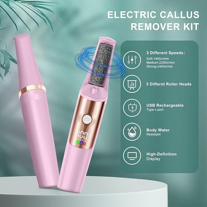 Electric Callus Remover for Feet, Professional Pedicure Tools Foot Care Kit, Foot Scrubber Electric Feet File Smooth Pedi Wand for Hard Cracked Dry Dead Skin, 3 Rollers, 3 Speeds,Ideal Gift