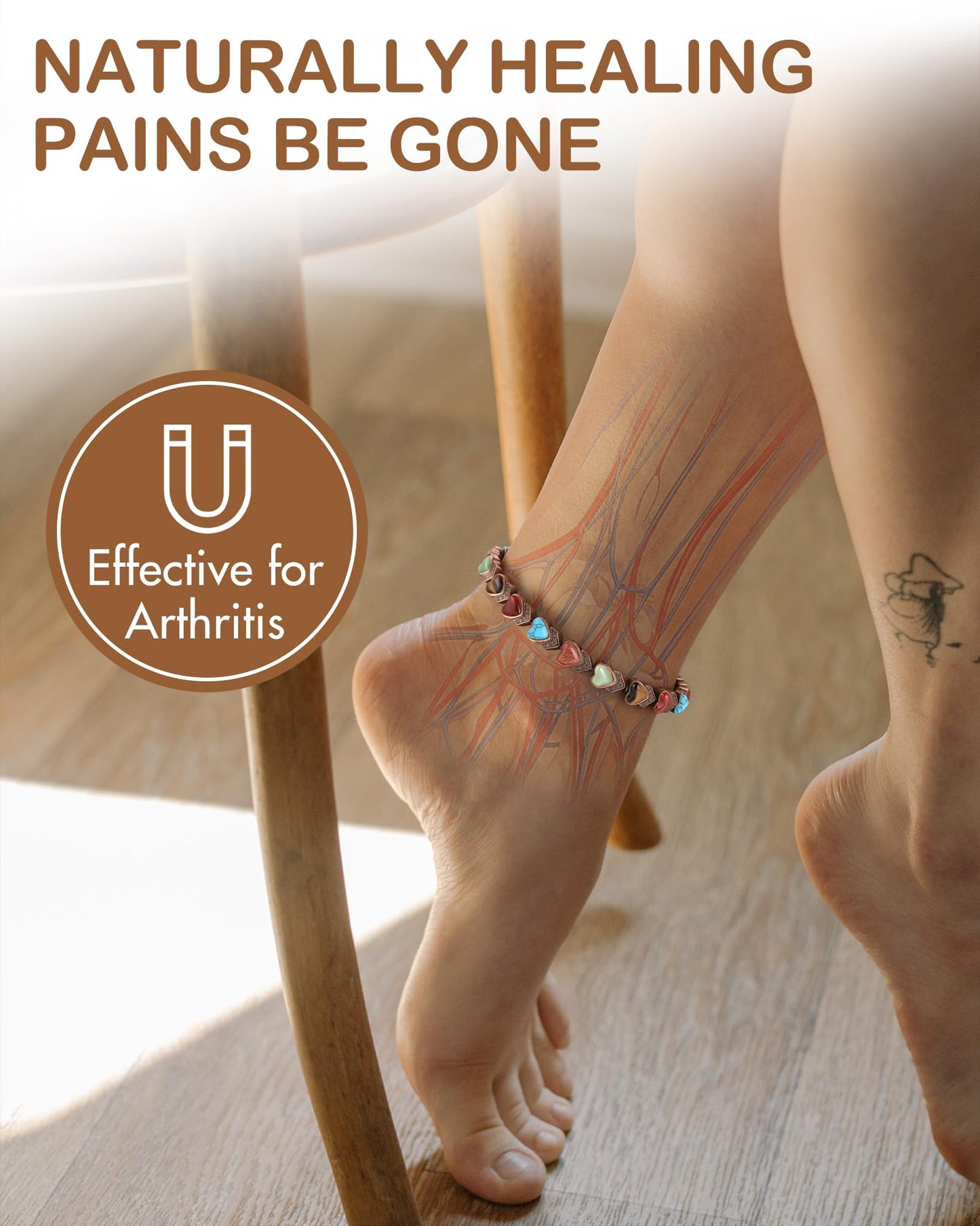 Feraco Copper Ankle Bracelet for Women, 99.99% Pure Copper Magnetic Anklet with 3800 Gauss Neodymium Magnet & Natural Stones, Adjustable with Sizing Tool