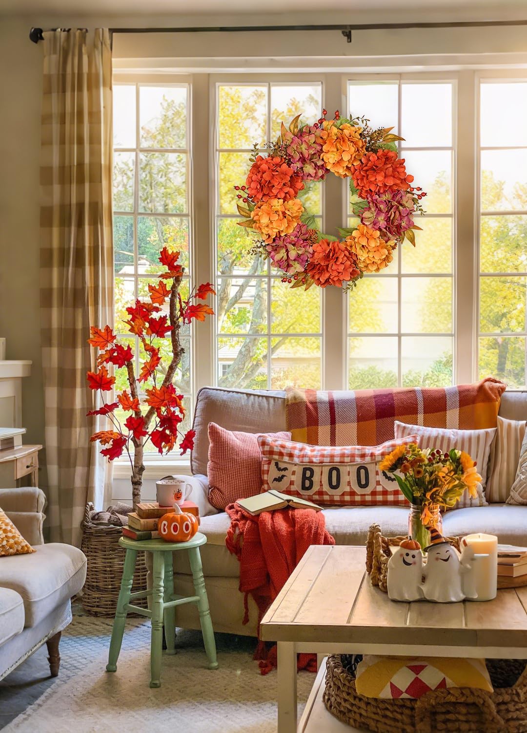 Artificial Fall Wreath for Front Door – 24 Inch Hydrangea Floral Wreath with Orange & Burgundy Flowers, Autumn Thanksgiving Door Décor