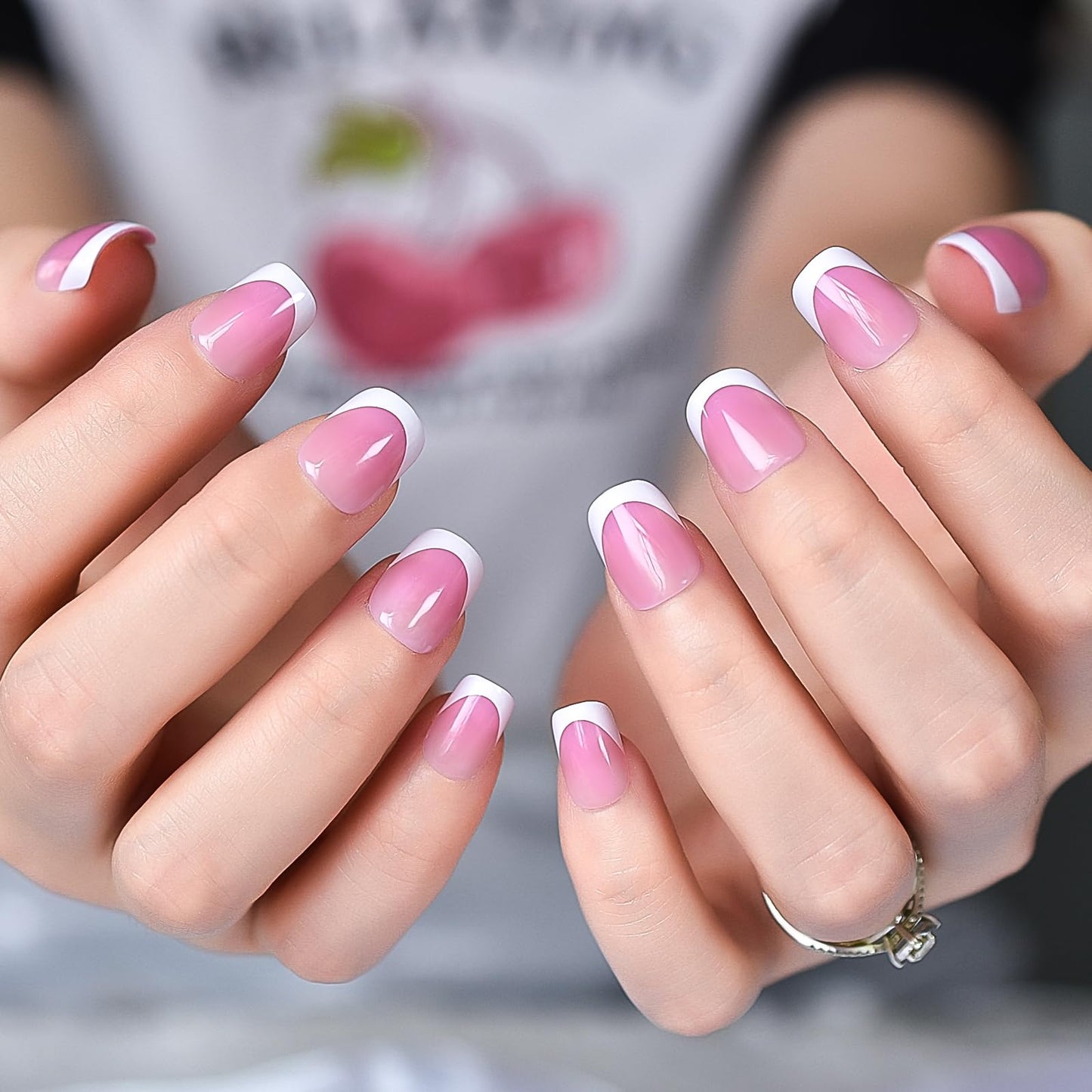 Pink White French Press On Nails Short - IKISKT Acrylic False Nails, Glue On Nail with Glue Sticker,Fit Perfectly & Natural Stick On - 24PCS UV Gel Fake Nail Kit, Baby Pink French