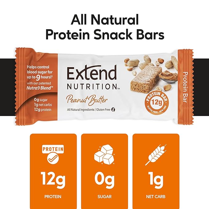 Extend Sugar Free Protein Bars, Perfect Diabetic Snacks, High Protein and Fiber, Hunger Control & Steady Energy, Low Carb, Keto Friendly (Peanut Butter)