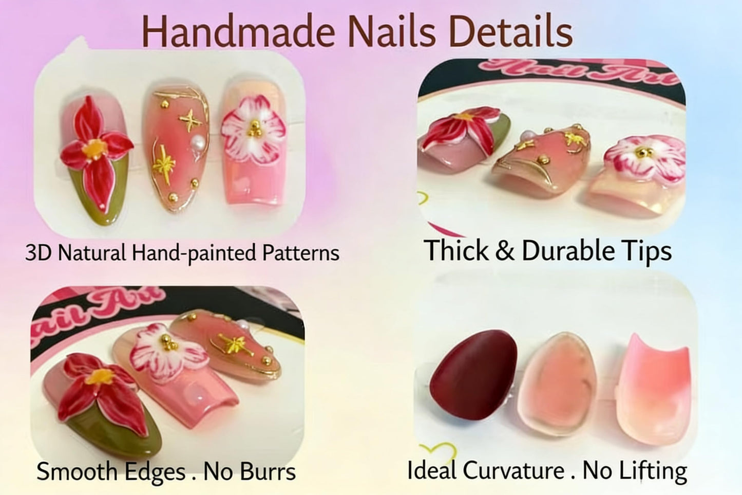 Haozerart Luxury Handmade Press On Nails Medium Almond, Red French Tip With Gold Beads, 3D Flower & Gold Shell Glossy Reusable Fake Nails for Women, 10Pcs Size M