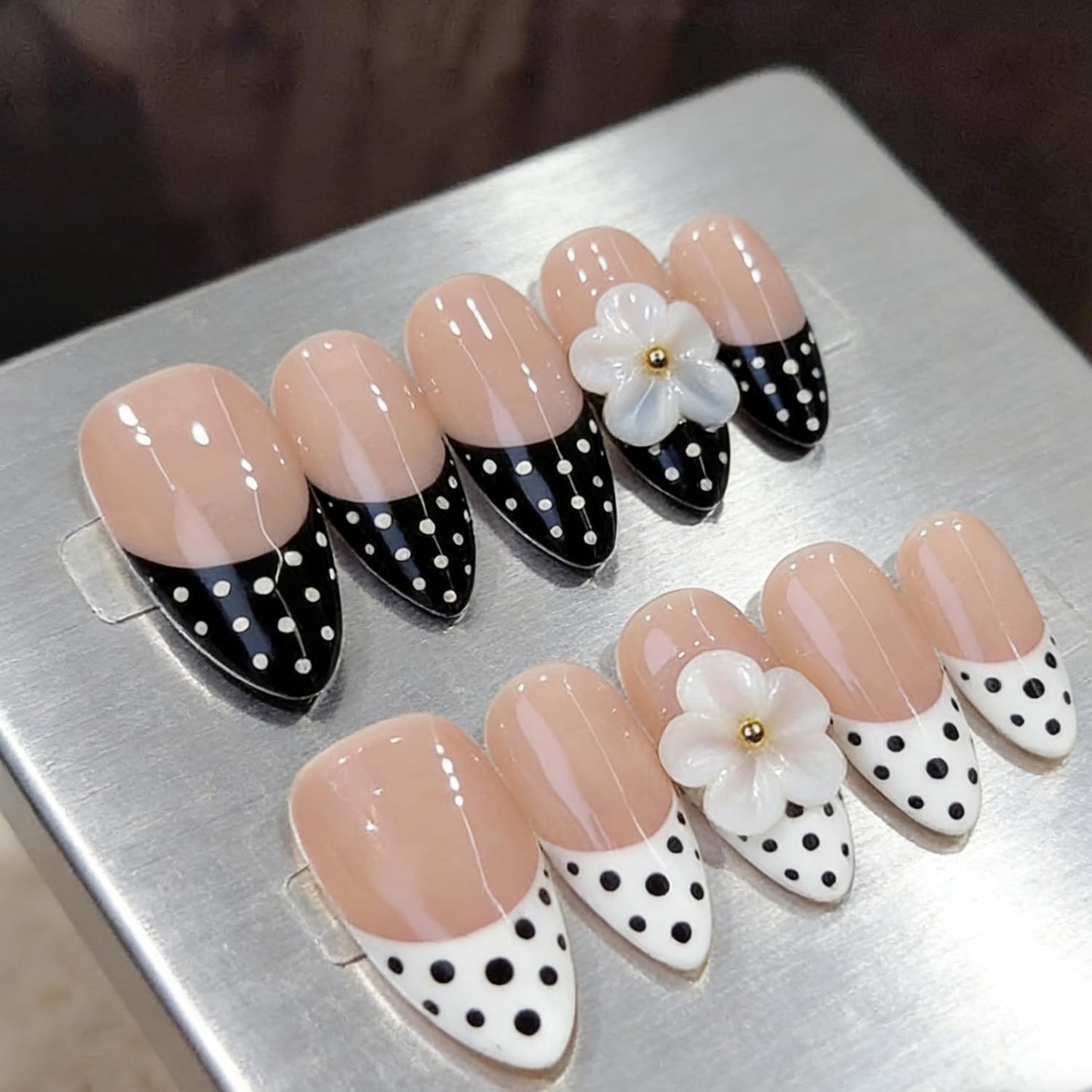 Handmade Press on Nails Black and White Polka Dots Medium Almond Fake Nails French Tips, Multi-Layer Gel Acrylic Nails for Women Nail Art Sheer Floral Glow 10 Pcs(S)