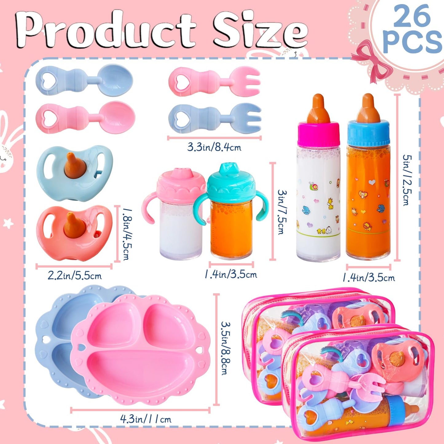Woozettn 26 Pcs Baby Doll Accessories Magic Bottle Set,Pretend Play Feeding Toy Set with Package,Doll Feeding Set for Kids Girls,Magic Disappearing Juice Milk Bottles,Sippy Cups,Pacifiers,Bowl Spoons