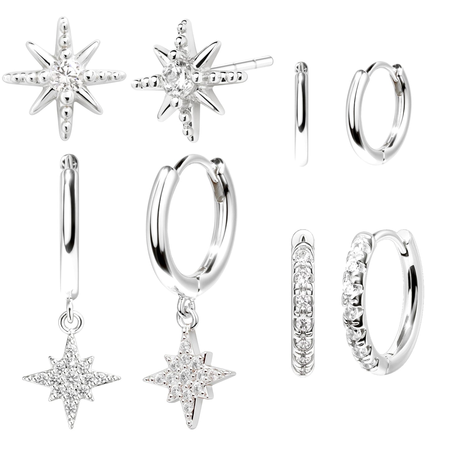 Silver Star Earrings for Women, Silver Star Dangle & Stud Earrings Stack Multiple Piercing Cartilage Hoop Lightweight Hypoallergenic Women Earrings for Sensitive Ears
