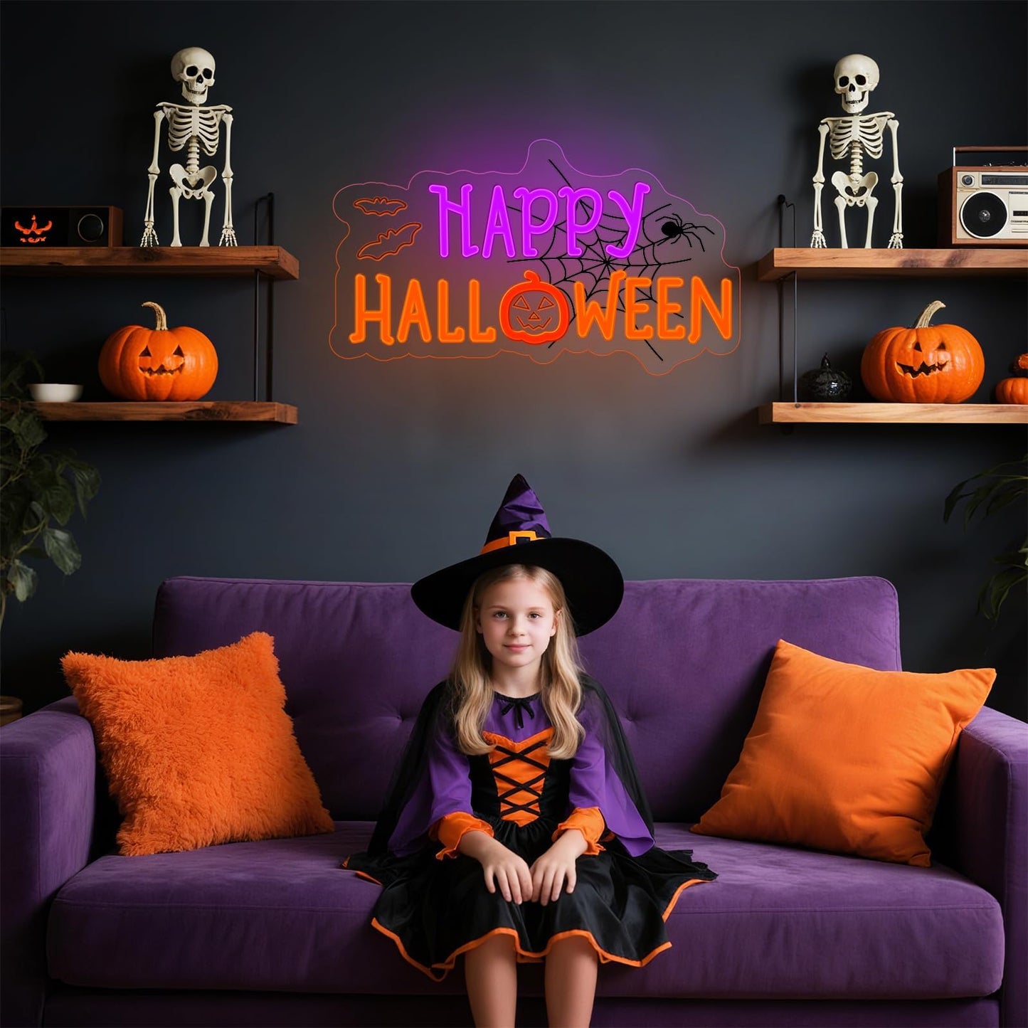 Halloween Neon Sign for Halloween Wall Decor,Dimmable Neon Light Bat & Pumpkin Light Up Signs for Halloween Bedroom Horror Party Bar Background Decoration