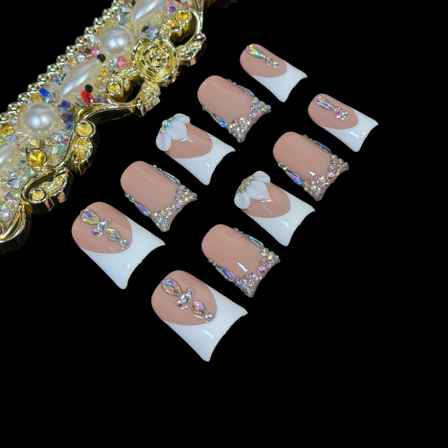 Handmade Press On Nails, Short Medium Duck Shape, Nude White French Tip with 3D Flower and Crystal Rhinestones, Luxury Glue On Fake Nails (M)