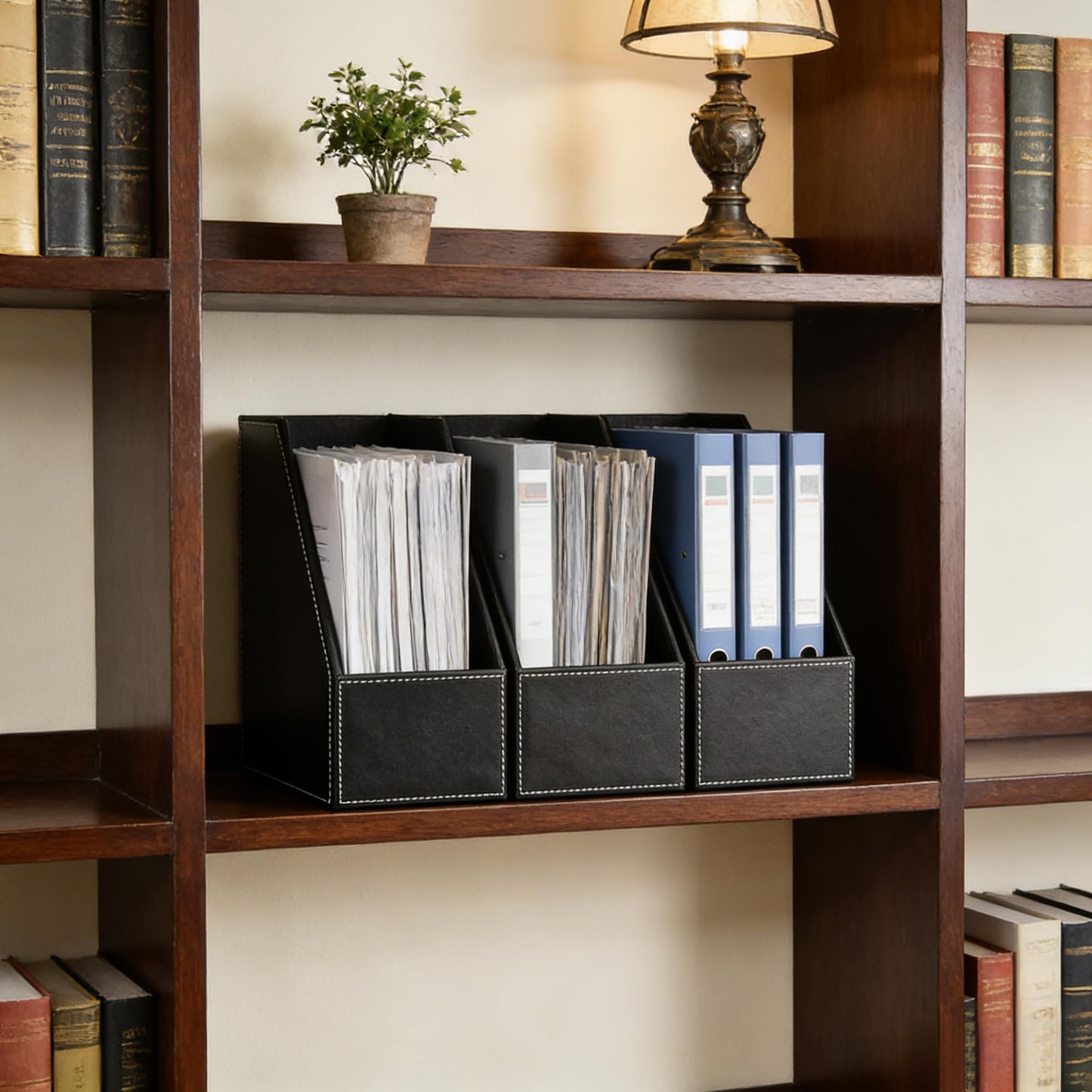 Vertical Style,Leather Magazine Holder Office Desk Organizer File Document Tray Box Bookends Book Stand (Black (2 Slot))