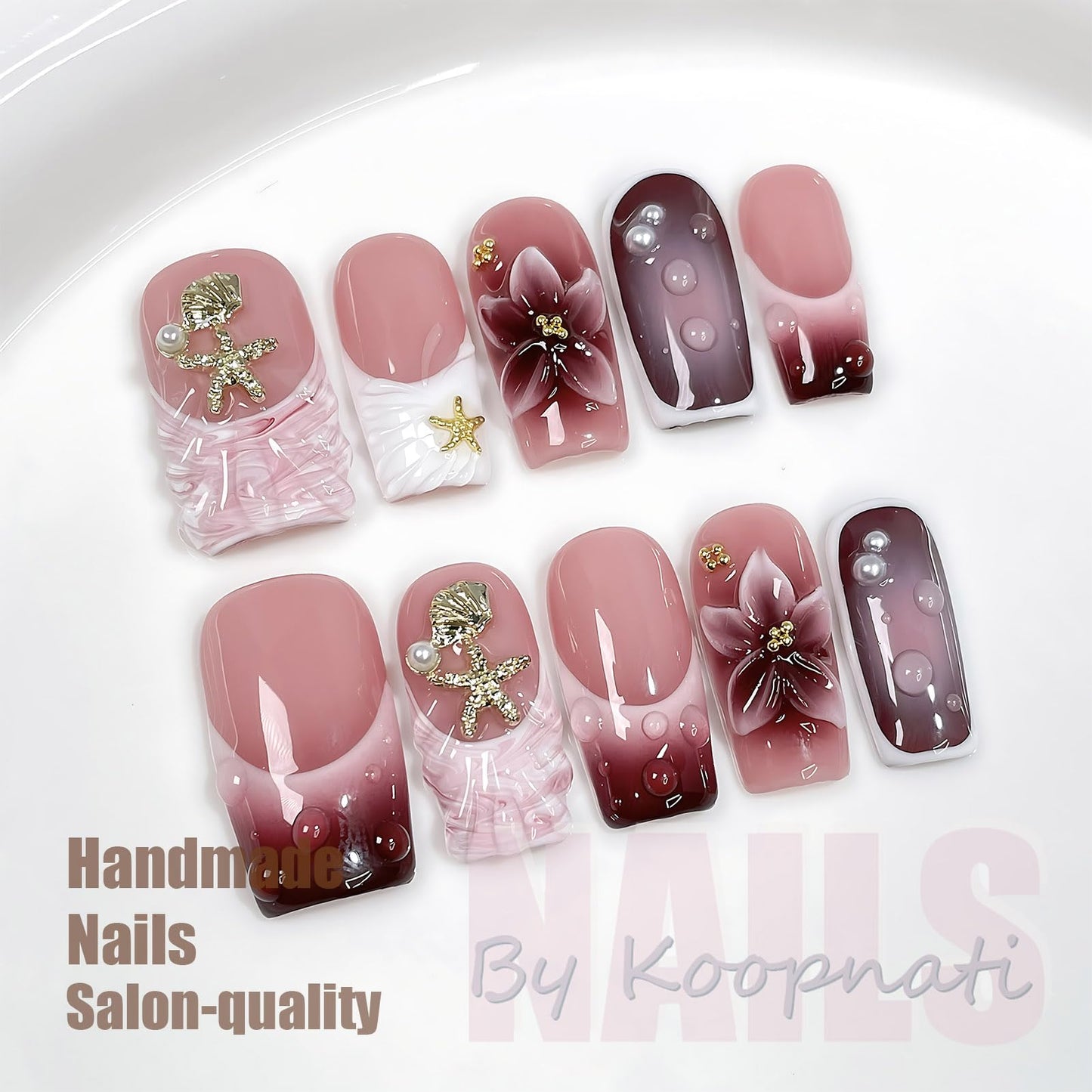 Handmade Press On Nails Square Pink Homemade Press On Nails French Tip With 3D Design Fake Nail Art For Women M